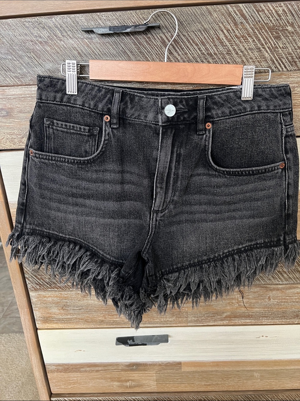 All Saints Black Frayed Hem Denim Shorts